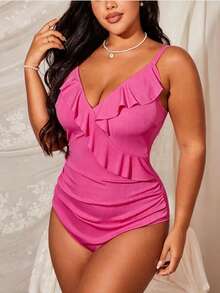 Swim Lushoire Plus Size Women Solid Color Minimalist Daily Wear Ruffle Trim Bodysuit - Hot Pink - View 5