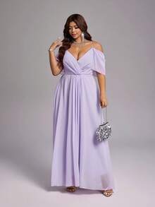 Viva Relle Vestido de gasa con hombros descubiertos y cintura fruncida en color púrpura claro para mujer talla grande, atuendo de dama de honor para boda de primavera/verano - Púrpura malva - Ver 6