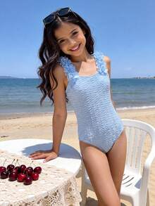 SHEIN Tween Girls' Cute Blue Floral Textured One-Piece Swimsuit, Summer - Blue - View 1