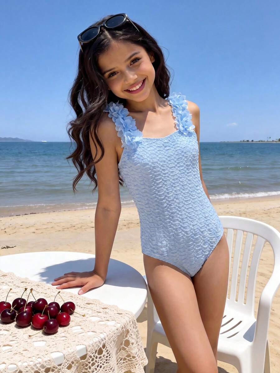 SHEIN Tween Girls' Cute Blue Floral Textured One-Piece Swimsuit, Summer - Blue - View 1