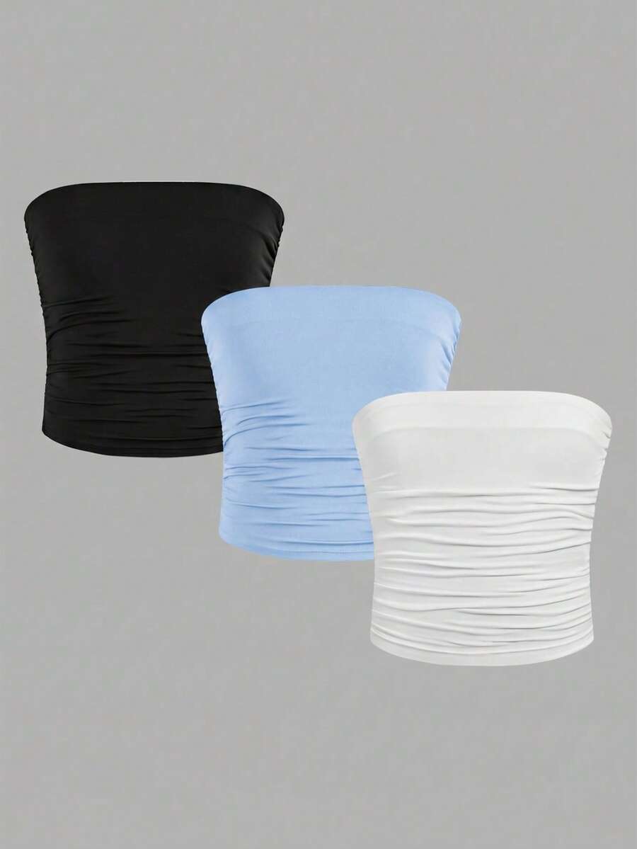 Girlism Áo hai dây lửng xếp ly màu đen/trắng/xanh trơn dành cho thiếu nữ - Màu xanh lam - Xem 1