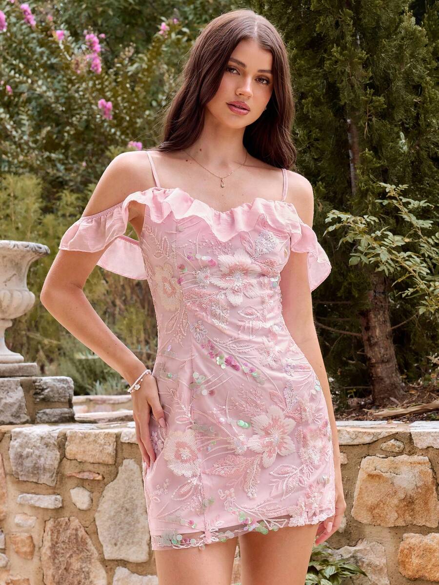 Enchnt 女士花卉串珠荷叶边露肩迷你连衣裙