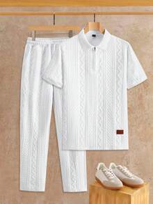 Manfinity CasualCool Men's Short Sleeve Textured Fabric Polo Shirt And Pants Set, Suitable For Home And Outdoor Wear - White - View 3