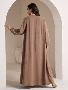 Veilorie Women Plus Size Elegant Solid Color Pleated Loose Buttoned Decorated Dress Fall - Coffee Brown - View 3
