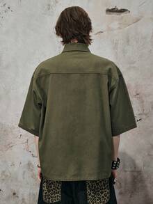 ROMWE MEN Street Life 男士纯色中式牛仔衬衫 - 軍綠色 - 查看 3
