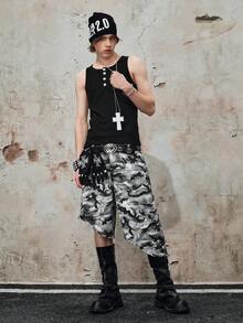 ROMWE MEN Street Life Men's Camouflage Rhinestone Embellished Irregular Denim Shorts - Multicolor - View 7