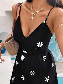 Breezaya Plus Size Women's Black Floral Print Camisole Dress, V-Neck Waist Cinched Flared Hem, Summer Vacation - Black - View 5