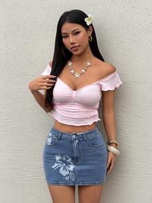 Rivivi 女士休闲百搭牛仔迷你裙，印花口袋设计，适合约会和外出穿着。 - 藍色 - 查看 3