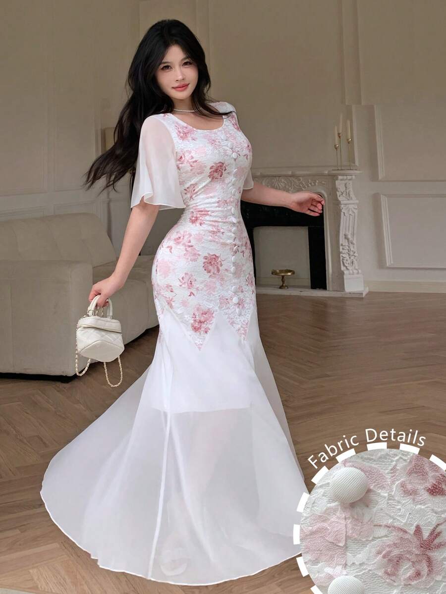 Modelyn 春夏优雅蕾丝雪纺印花修身鱼尾连衣裙 - 彩色 - 查看 1