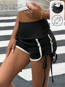 Muchica Women's Casual Contrast Color Trim Drawstring Shorts, Summer - Black - View 3