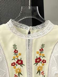 Franclia Women's Spring/Summer French Elegant Flowy Romantic Lace Patchwork Stand Collar Sleeveless Embroidered Casual Versatile Blouse Party Cream - Apricot - View 6