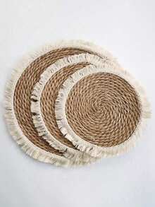 1/4PCS Boho Handwoven Cattail Grass Round Tassel Table Placemats Heat Insulation Pads Tabletop Decor Coffee Coasters Non Slip Washable For Kitchen Dining Home Living Room Boho Kitchen Decor - Ginger - View 3