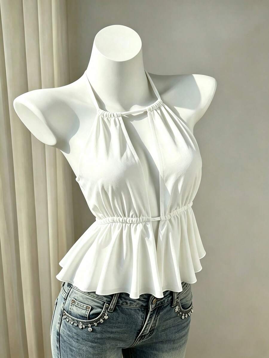 Flirla Tank Top Camisole Rajut Seksi Wanita, Desain Tanpa Punggung Warna Polos, Model Terbaru Warna Putih untuk Golf Musim Panas - Putih - View 1