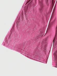 ROMWE MEN Street Life Pantalones cortos casuales para hombres con estampado de llamas, cintura con cordón, bolsillos y contraste de color - Rosa - Ver 5