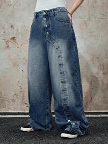 ROMWE MEN Street Life 男士结构化弧形刀刃直筒蓝色牛仔裤 - 藍色 - 查看 1