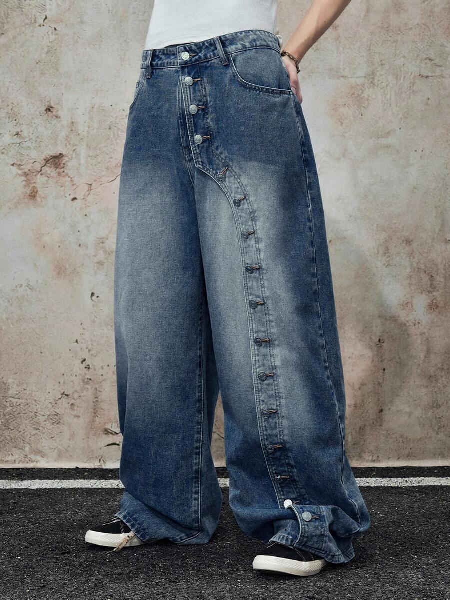 ROMWE MEN Street Life 男士结构化弧形刀刃直筒蓝色牛仔裤 - 藍色 - 查看 1