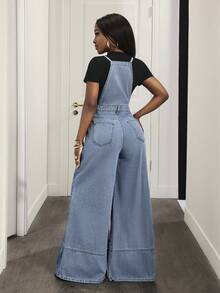 Slaydiva Women's Solid Color Minimalist Casual Denim Jumpsuit - Light Wash - View 2