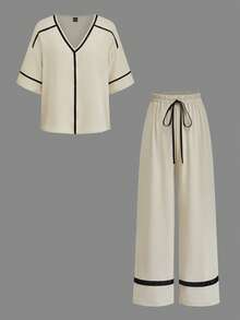 SHEIN Holidaya Women's Elegant Casual Beige Two Piece Sets, Summer Vacation Linen Set, Contrast Ribbon Textured Short Sleeve Top And Pants, Beach Outfit - Apricot - View 3