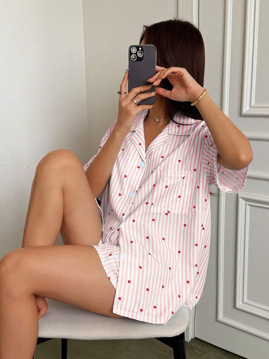 Napfluff Blue Striped Heart Print Short Sleeve Cardigan And Shorts Loose Women Pajama Set - Red - View 1