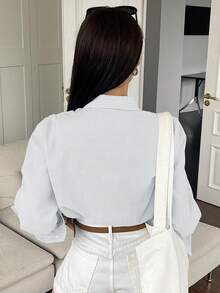 DAZY 女士休闲条纹纽扣长袖衬衫 - 白色 - 查看 5