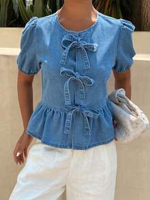 DAZY Casual Sexy Vacation Style Bow Tie Strap Women Denim Top Spring Summer Swimming Pastal - Blue - View 6