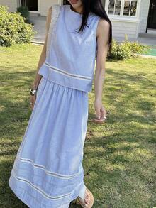 DAZY Women's Casual Striped Lace Patchwork Sleeveless Top And A-Line Skirt 2-Piece Set, Summer - Blue - View 5