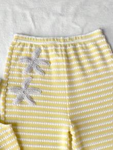SHEIN 少女休閒條紋海星刺繡不對稱領背心與長褲兩件套 夏季套裝 春季穿搭 - 黃色 - 查看 4