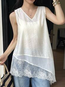 Áo tank top không tay cổ chữ V dáng rộng phối ren dành cho nữ, màu trắng ngọt ngào, thích hợp cho mùa xuân và hè. - trắng - Xem 1