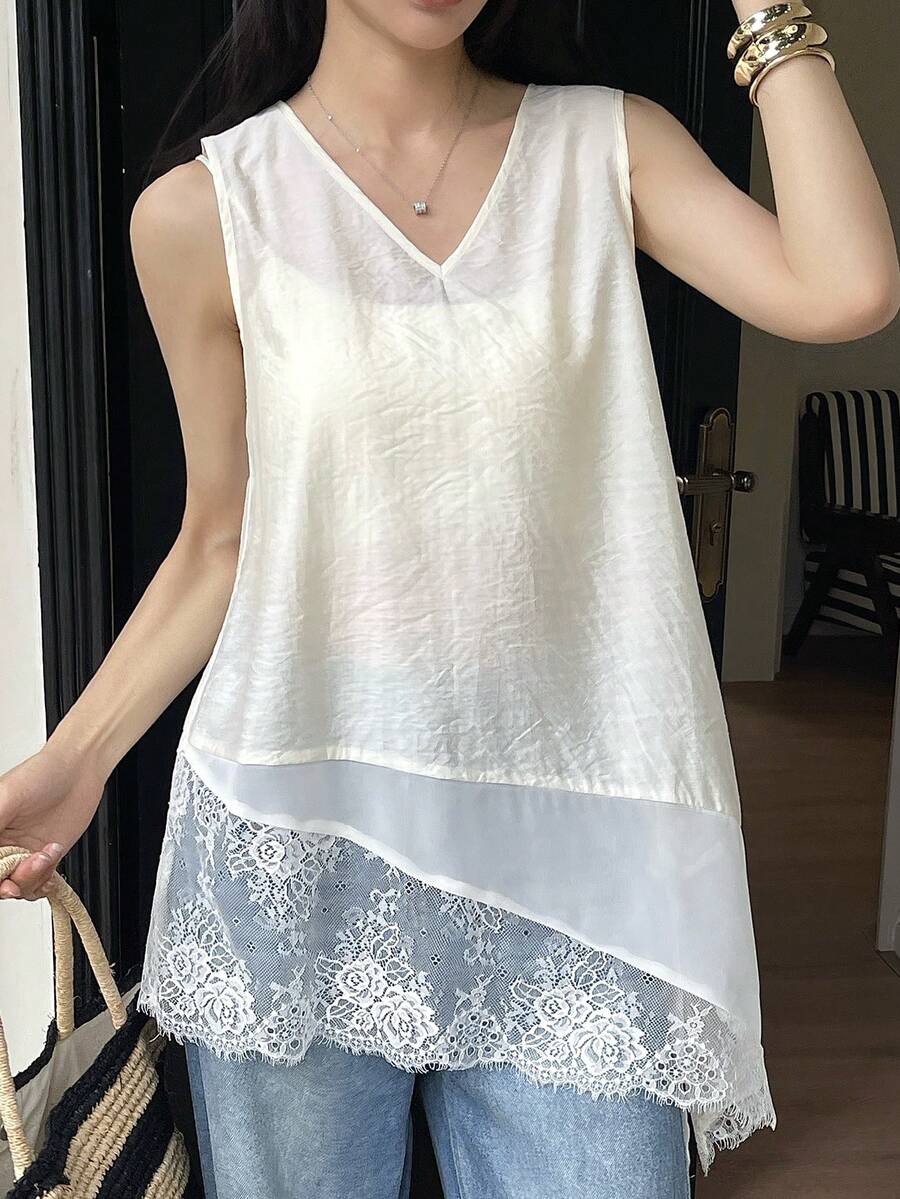 Áo tank top không tay cổ chữ V dáng rộng phối ren dành cho nữ, màu trắng ngọt ngào, thích hợp cho mùa xuân và hè. - trắng - Xem 1