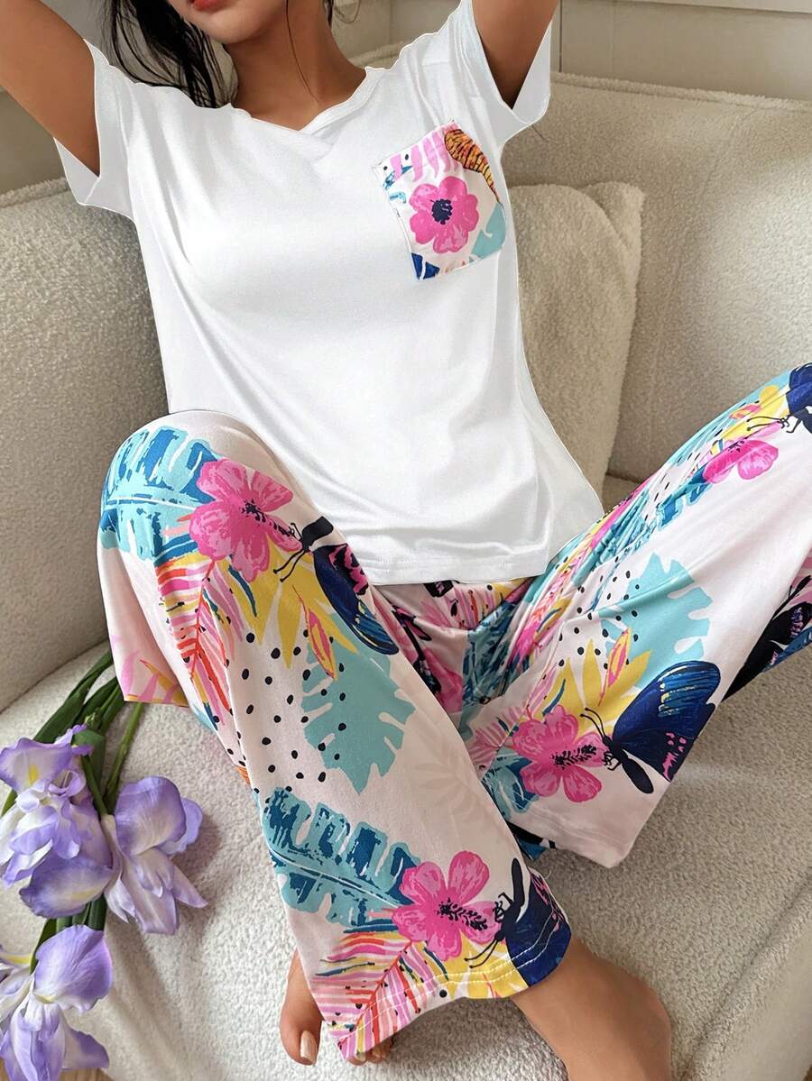 SHEIN 蝴蝶与花朵印花休闲女式睡衣套装 - 白色 - 查看 1