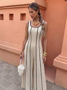 Selianne Bộ jumpsuit nữ thanh lịch, thời trang, thoải mái, quyến rũ, cổ điển tối giản, cao cấp, lãng mạn, không tay, cổ vuông, dáng chữ A, ống đứng, thắt eo sau, viền tương phản, xẻ tà. - Màu be - Xem 1