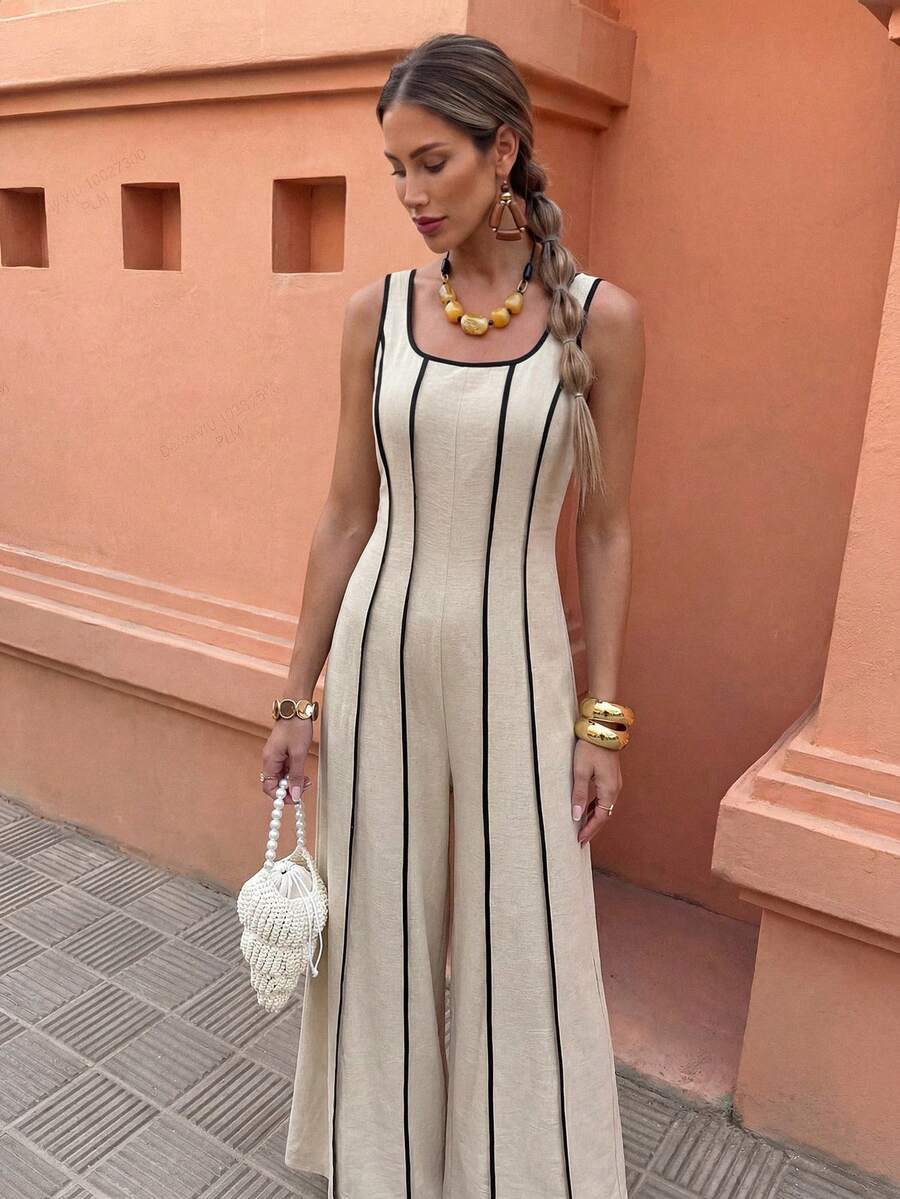 Selianne Bộ jumpsuit nữ thanh lịch, thời trang, thoải mái, quyến rũ, cổ điển tối giản, cao cấp, lãng mạn, không tay, cổ vuông, dáng chữ A, ống đứng, thắt eo sau, viền tương phản, xẻ tà. - Màu be - Xem 1