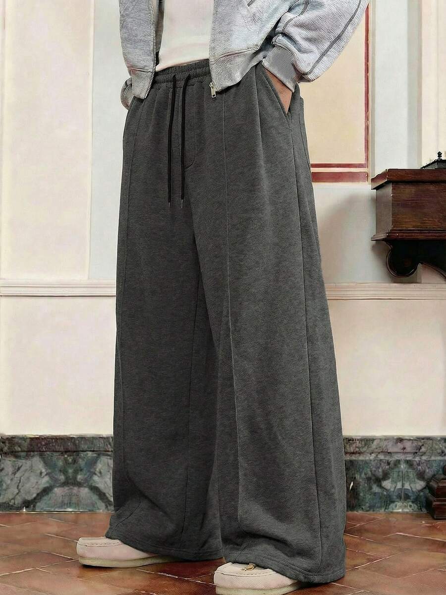 SWAVVY 男士休闲宽松运动裤，褶裥拼接设计，松紧腰带，浅灰色，春秋季 - 深灰色 - 查看 1