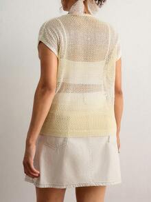 Freevana 大码女式夏季沙滩度假纯色亮片水钻装饰透视开襟针织上衣 - 杏色 - 查看 2