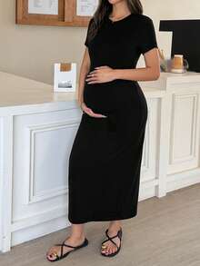 Dazy Maternity 孕妇修身连衣裙，圆领，纯黑色，短袖，中长款，夏季女式连衣裙 - 黑色 - 查看 1