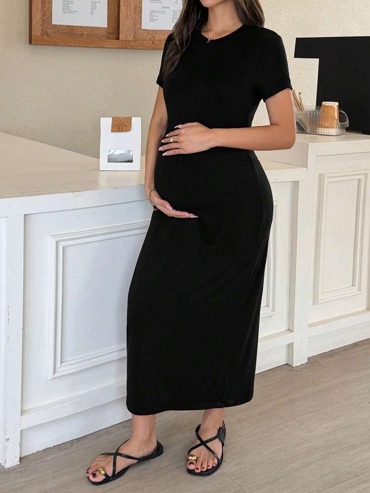 Maternity Bodycon Dress, Crew Neck, Solid Black, Short Sleeve, Midi Length