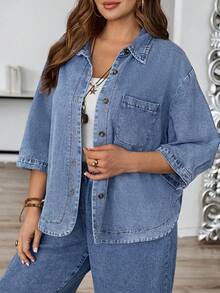 EMERY ROSE Mature Denim Plus Size Women's Solid Color Casual Long Sleeve Denim Blouse - Medium Wash - View 6