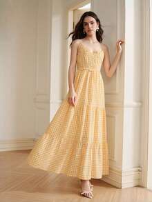 Anewsta New Arrival Sweet Fresh Yellow Plaid Sleeveless Dress, Suitable For Summer Beach Vacation Boho - Yellow - View 6
