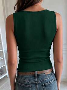 EMERY ROSE Women Textured Fitted Casual Metal Button Vest - Dark Green - View 2
