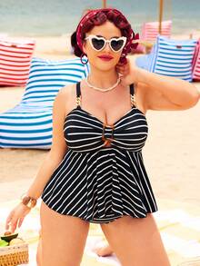 Swim Lushoire Plus Size Striped Chain Detail Tankini 2 Pieces Set, Essential For Summer Vacation Beach Gym Travel - Multicolor - View 5