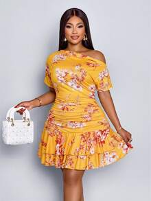 Elegant Mini Dress For Parties And Daytime Events, Featuring An Asymmetrical Neckline, Long Sleeves, Gathered Details, And A Double Ruffle, Made Of Apricot-Colored Knit Fabric For Women. - 黃色 - 查看 5