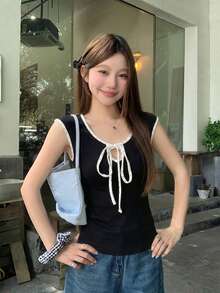 DAZY 女式韩版波点优雅无袖蝴蝶结上衣夏季 - 黑色 - 查看 5