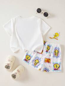 LOONEY TUNES X SHEIN 2件套可爱休闲风女婴T恤套装，圆领短袖短裤，舒适女婴T恤套装，联名款女婴T恤套装 - 彩色 - 查看 3