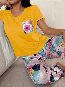 SHEIN 蝴蝶与花朵印花休闲女式睡衣套装 - 黃色 - 查看 6