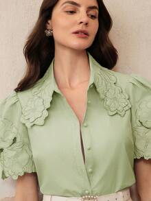 Anewsta Women's Embroidered Lace Short Sleeve Blouse, Elegant Hollow-Out Floral Design - Green - View 3