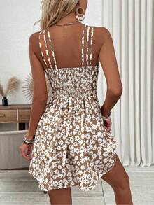 Breezaya Women's Brown And White Cami Dress Holiday Beach Holiday Vacation Outfit Summer Cottage Core - Khaki - View 2