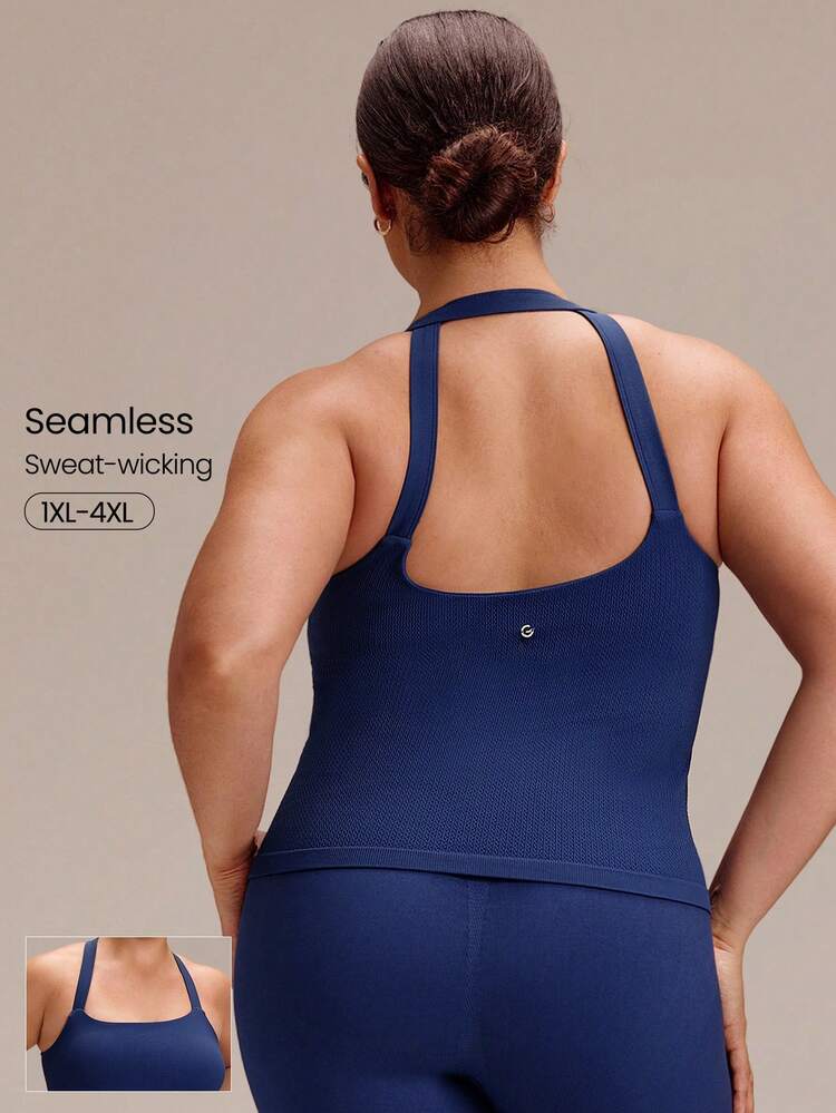 Plus Size Ultrafine Soft Seamless Soak Up The Sun Square Neck Open Back Removable Cups Tank Top Training Running Workout Gym Fitness Active Wear