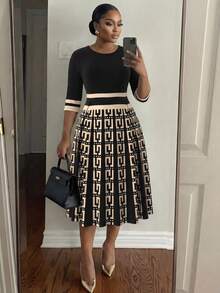 SHEIN Lady CURVE Plus Size Round Neck Raglan Sleeve Vintage Elegant Summer Dress Evening Black - Multicolor - View 1