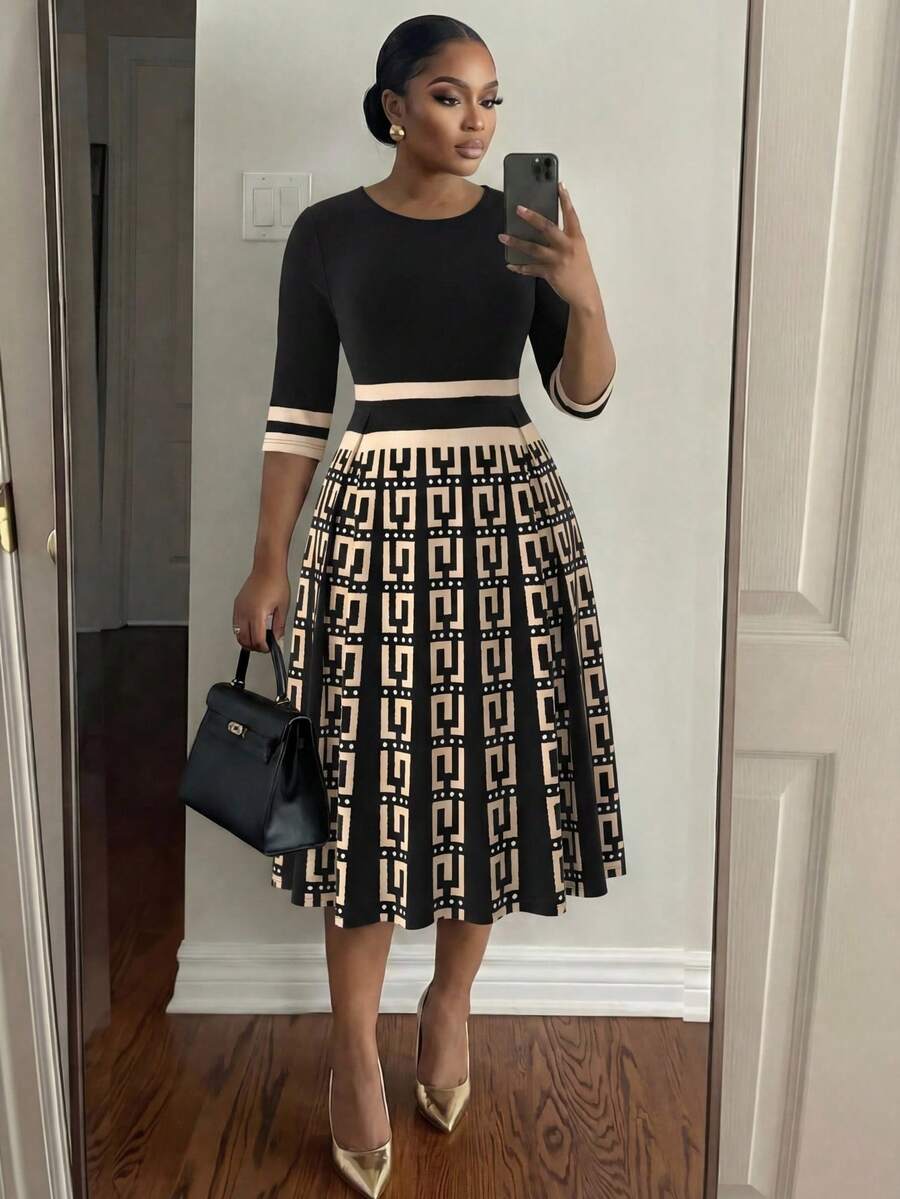 SHEIN Lady CURVE Plus Size Round Neck Raglan Sleeve Vintage Elegant Summer Dress Evening Black - Multicolor - View 1