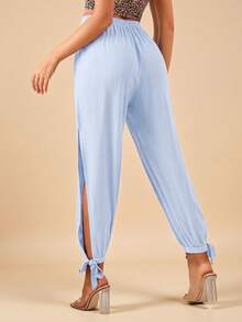 Travachic Split Thigh Knot Hem Solid Pants Spring Summer Clothing - Baby Blue - View 2